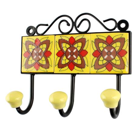 Yellow Ceramic Floral Tile Wall Hook